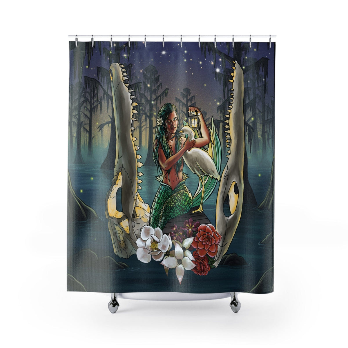 Printify Bayou Mermaid Shower Curtain — Gothic Swamp Night Bath Decor 71" × 74" 19096067014497527147