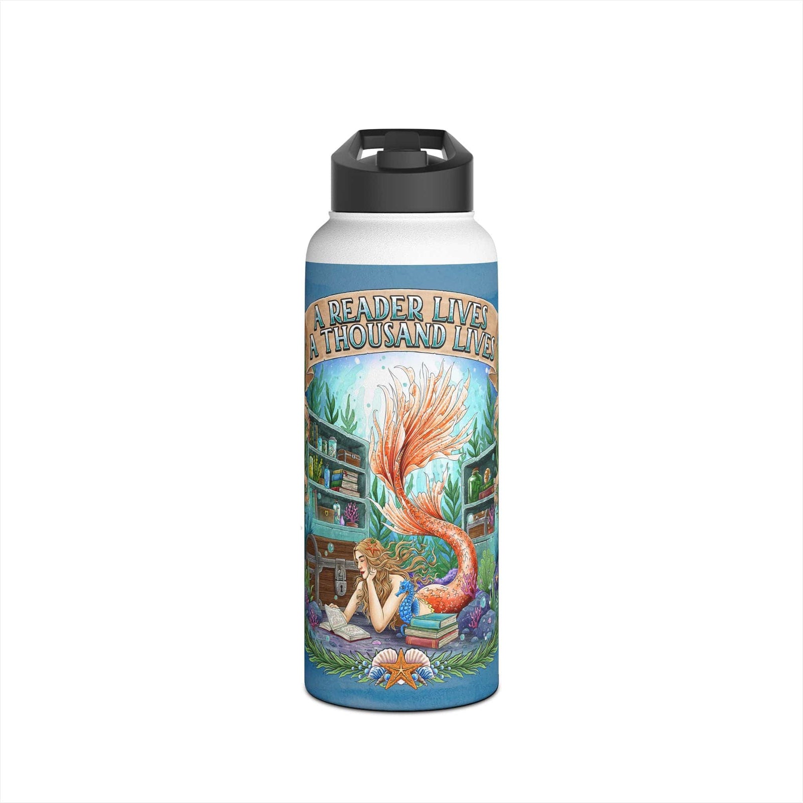 Printify Bookish Mermaid 32 oz Water Bottle 32oz / White 28483974678072935321