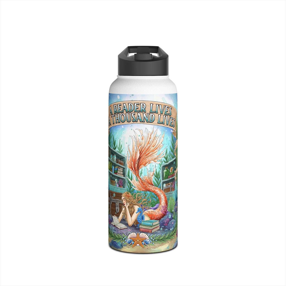 Printify Bookish Mermaid 32 oz Water Bottle 32oz / White 28483974678072935321