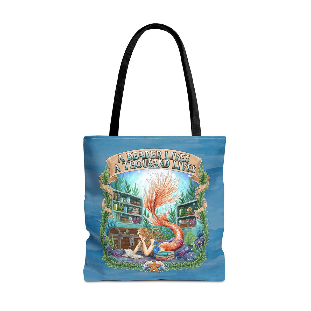 Printify Bookish Mermaid Reader Tote Bag 18&quot; × 18&#39;&#39; 24150169916011300340