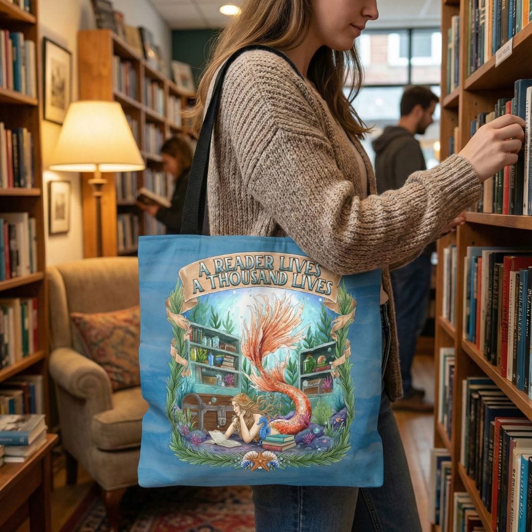 Printify Bookish Mermaid Reader Tote Bag 18" × 18'' 24150169916011300340