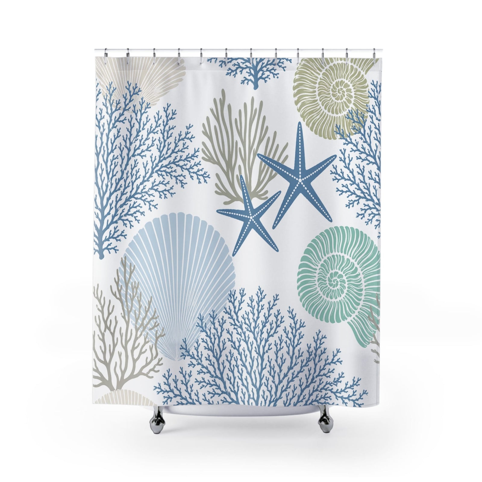 Printify Coastal Seashell & Starfish Bathroom Shower Curtain 71" × 74" 71812264159432574411