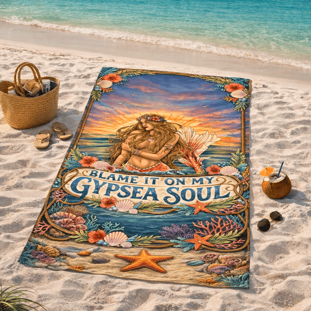 Printify Gypset Soul Beach Towel – Boho Mermaid Sunset Design 36" × 72" 78402028364940446722