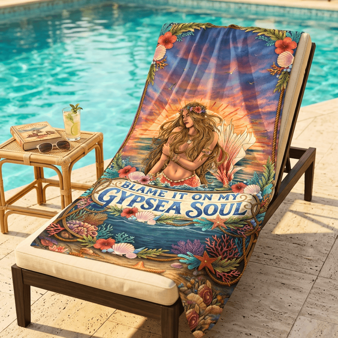 Printify Gypset Soul Beach Towel – Boho Mermaid Sunset Design 36" × 72" 78402028364940446722