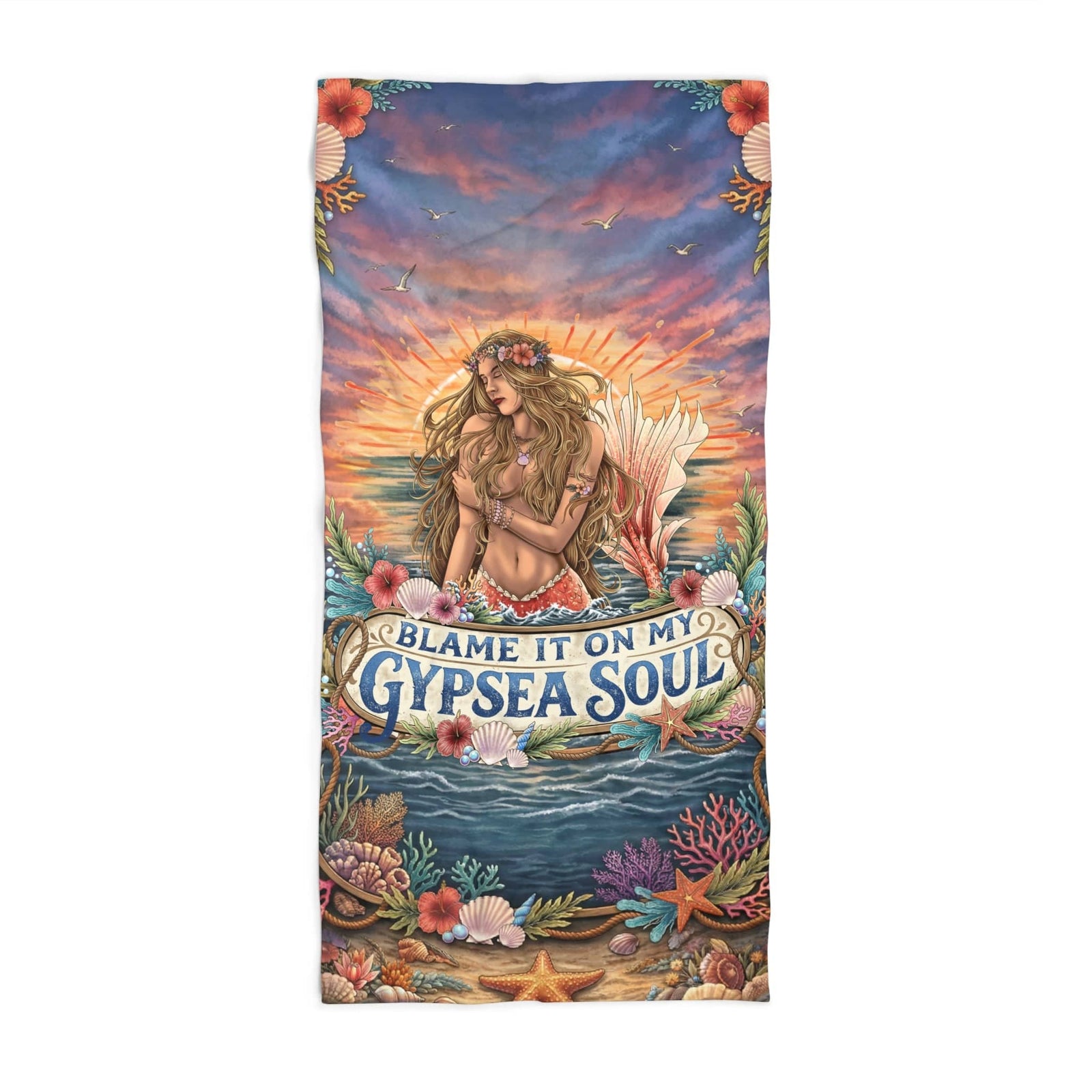Printify Gypset Soul Beach Towel – Boho Mermaid Sunset Design 36" × 72" 78402028364940446722