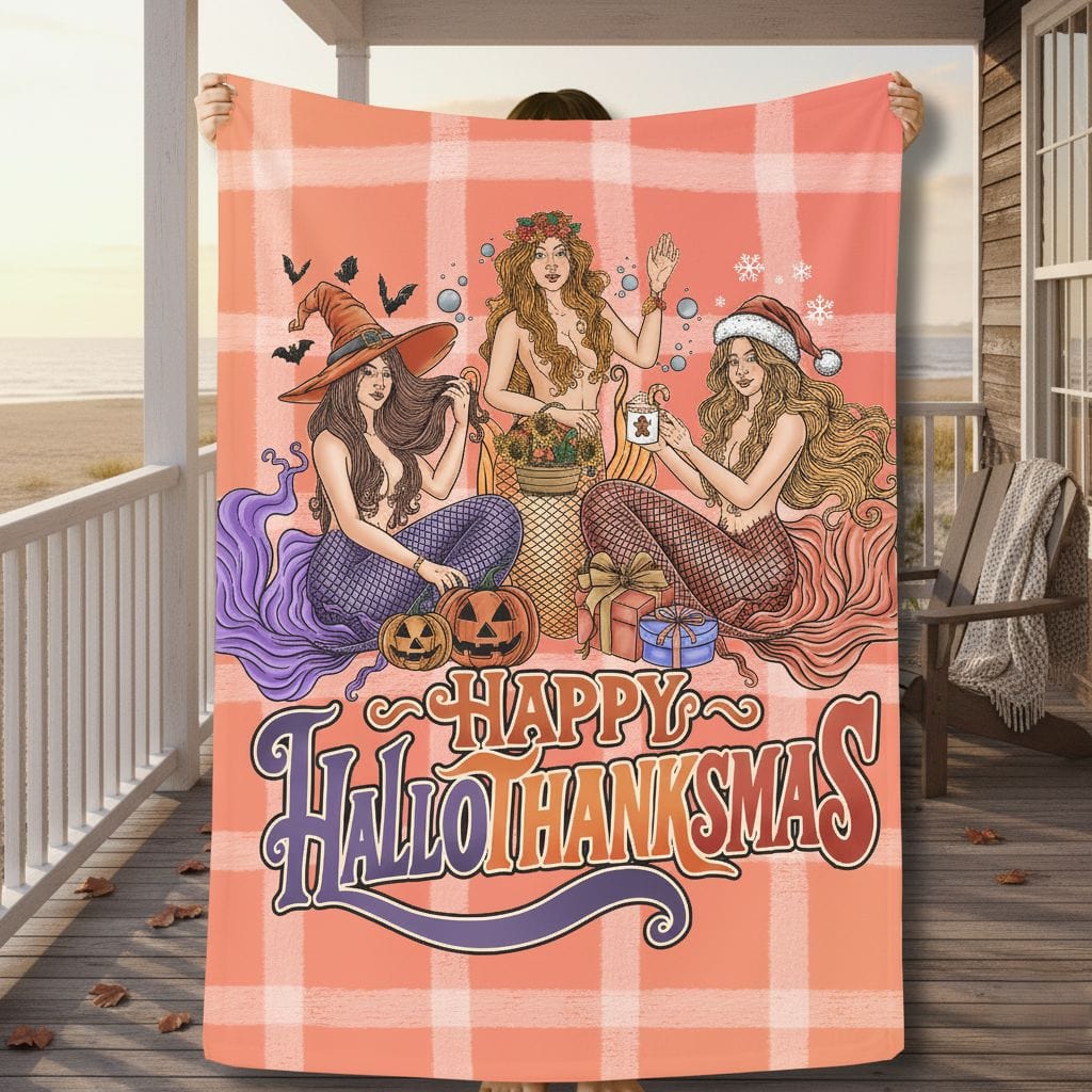 Printify Happy Hallothanksmas Mermaids Plush Blanket 50" × 60" 13439104724889916583