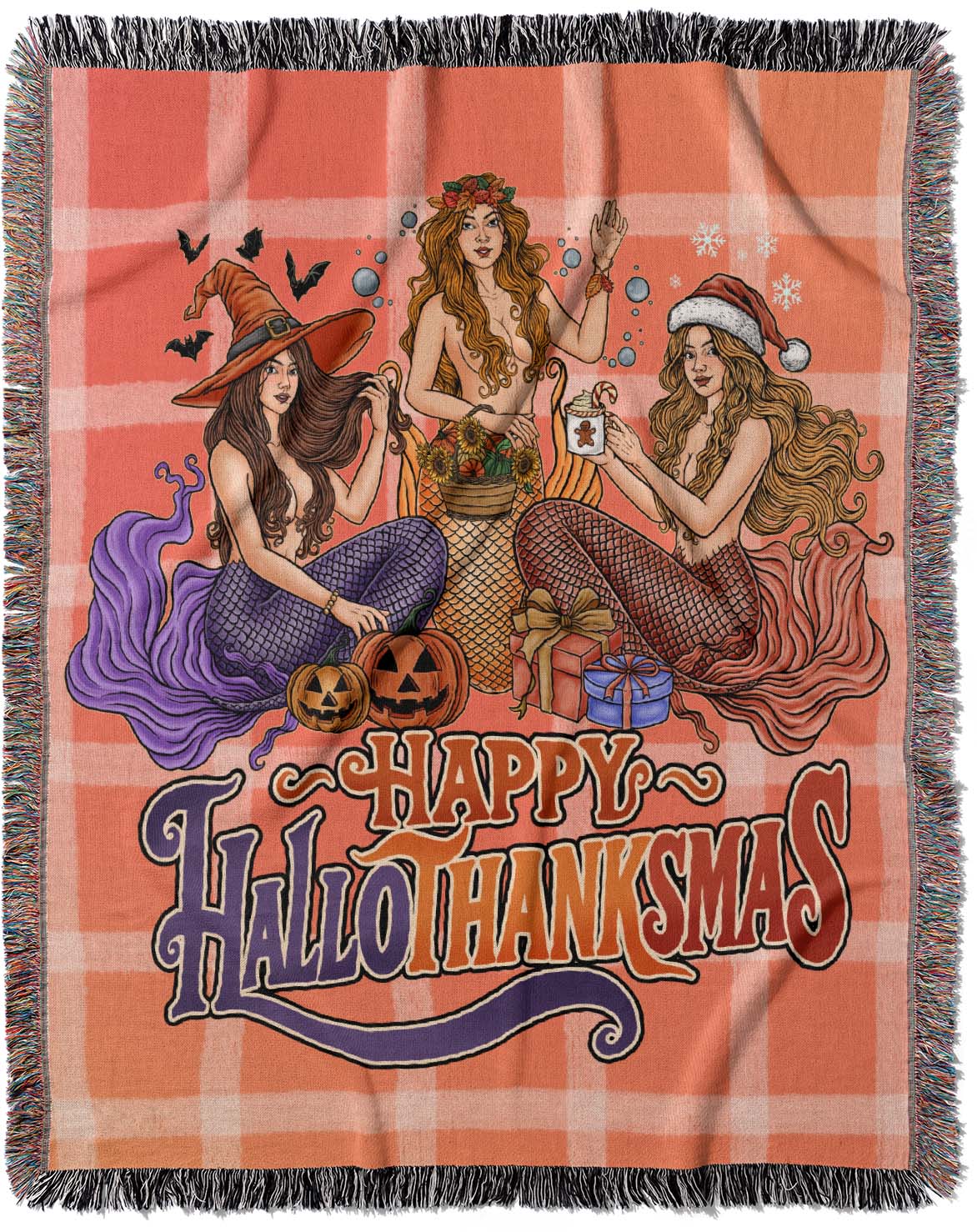 Printify Happy Hallothanksmas Mermaids Woven Blanket