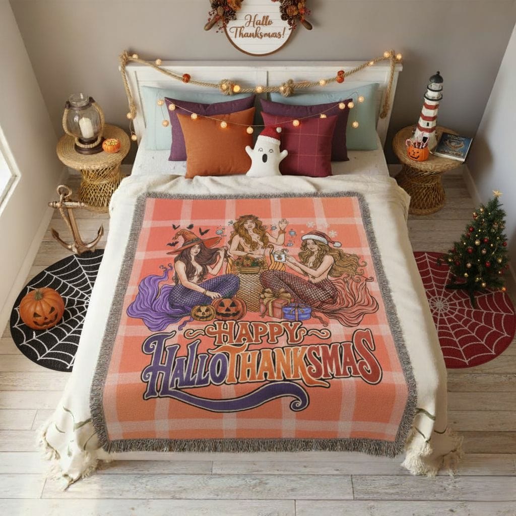 Printify Happy Hallothanksmas Mermaids Woven Blanket