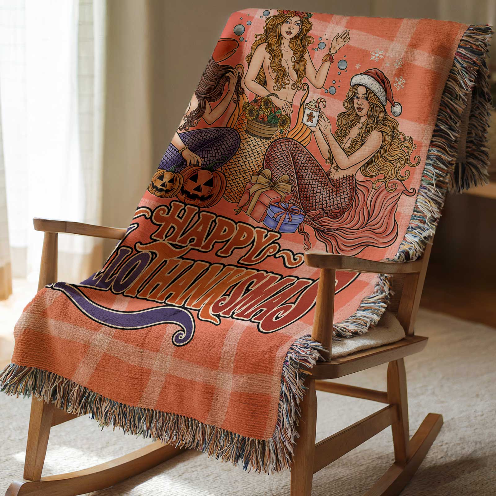 Printify Happy Hallothanksmas Mermaids Woven Blanket