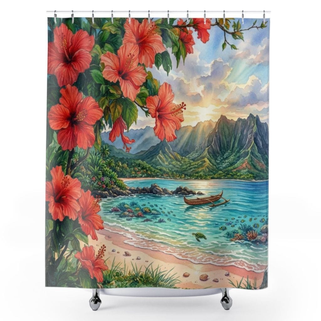 Printify Hibiscus Tropical Beach Shower Curtain 71" × 74" 22028369011505470214