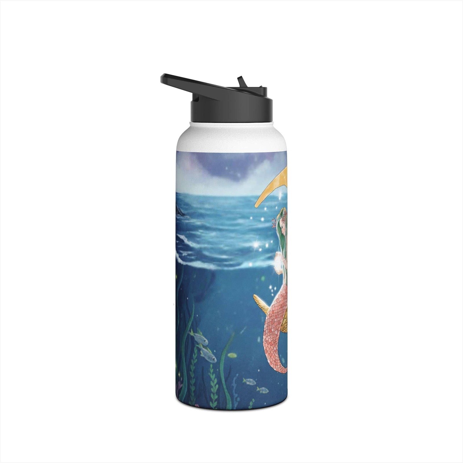 Printify Mermaid In The Moon Water Bottle 32oz Stainless Steel Water Bottle 32oz / White 12953072897571515731