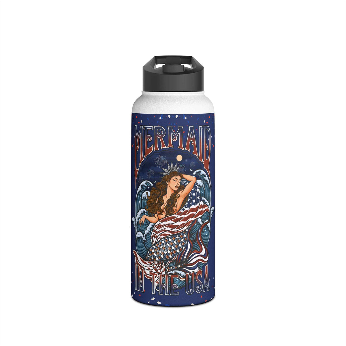 Printify Mermaid in the USA 32oz Stainless Steel Water Bottle 32oz / White 21673586609865962900
