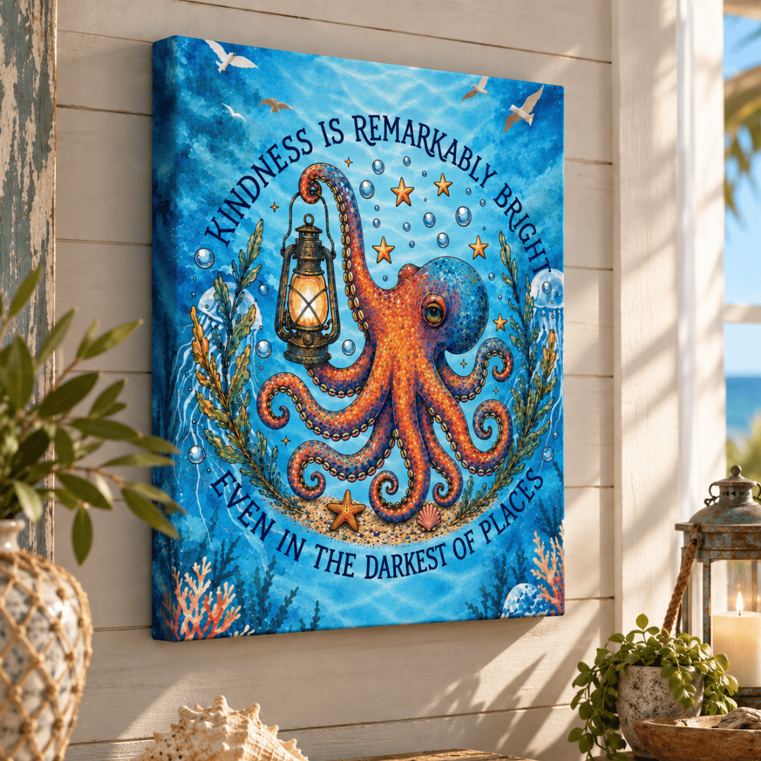 Printify Octopus Lantern Canvas Wall Art – "Kindness is Remarkably Bright" Inspirational Ocean Print