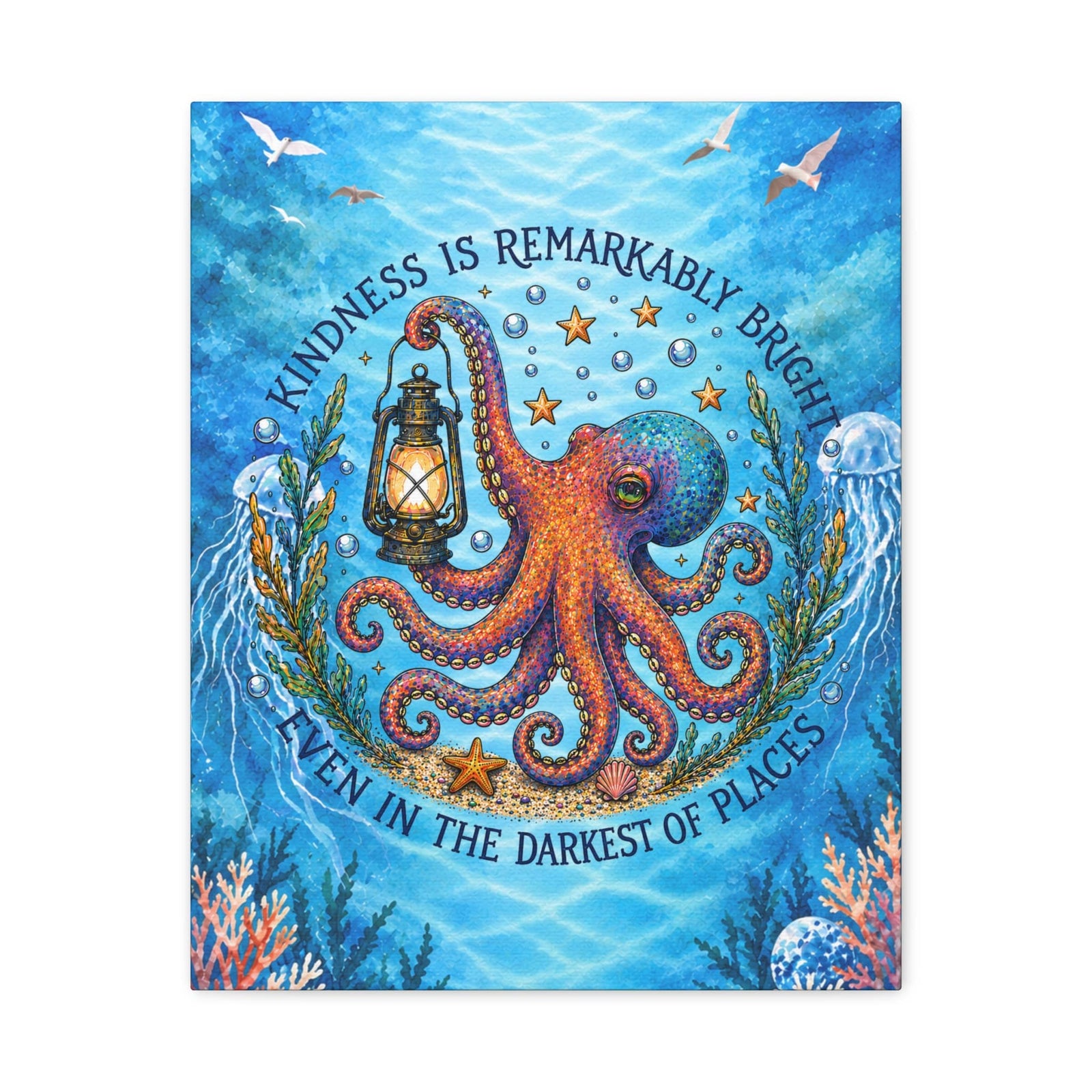 Printify Octopus Lantern Canvas Wall Art – "Kindness is Remarkably Bright" Inspirational Ocean Print 16" x 20" (Vertical) / 1.25" 67365273368922252734