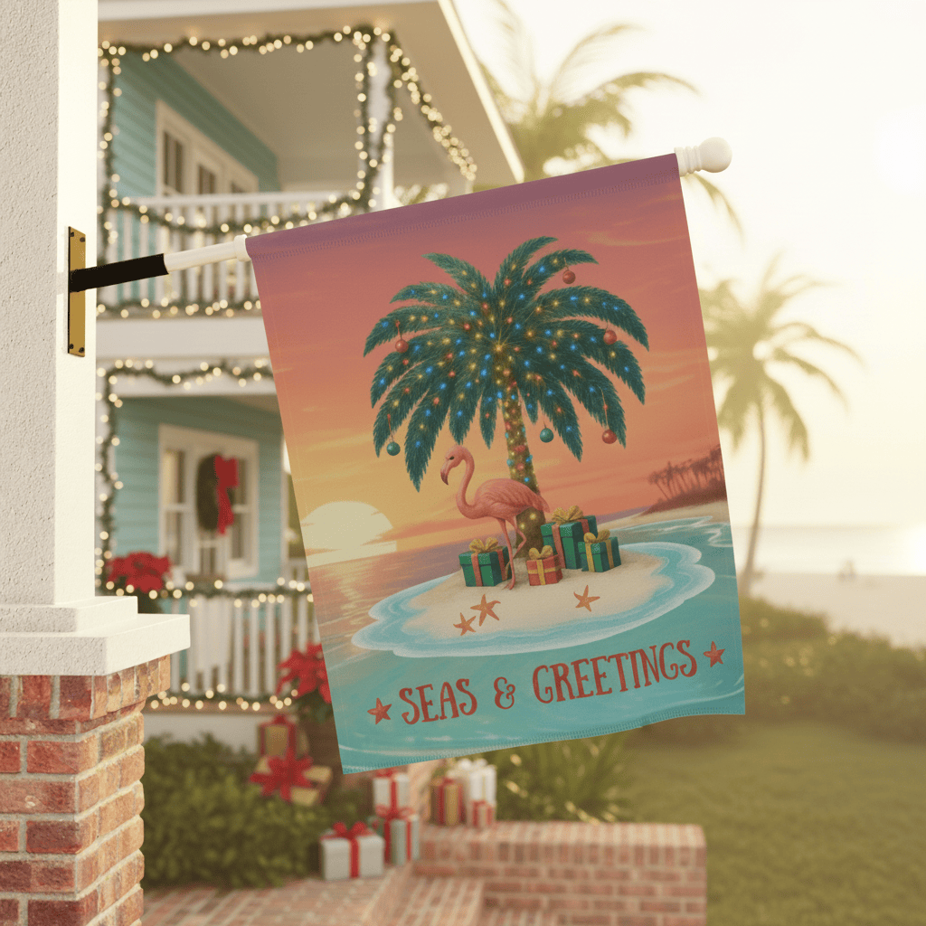 Printify Seas & Greetings Tropical Christmas House Flag 24.5'' × 32'' 27687281495995816364