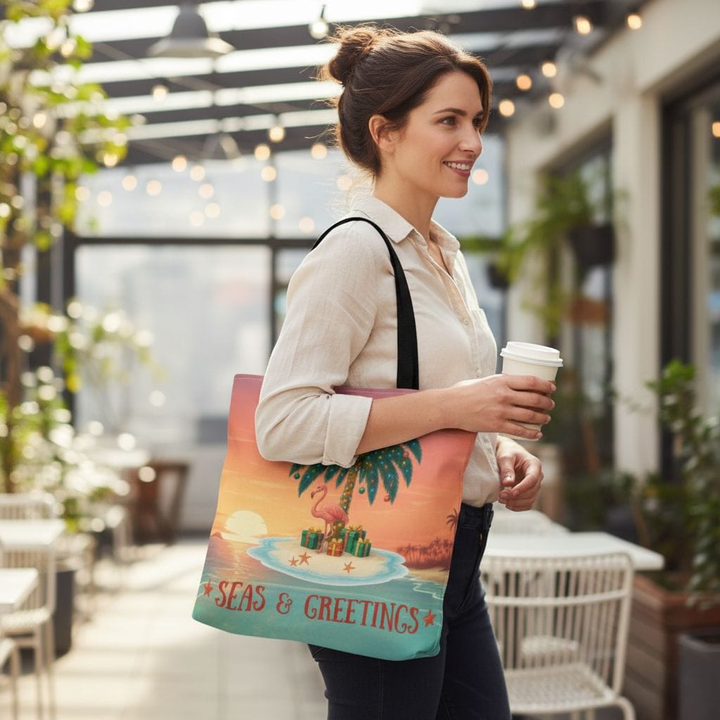 Printify Seas &amp; Greetings Tropical Christmas Tote Bag 18&quot; × 18&#39;&#39; / Black 11925543375392693174