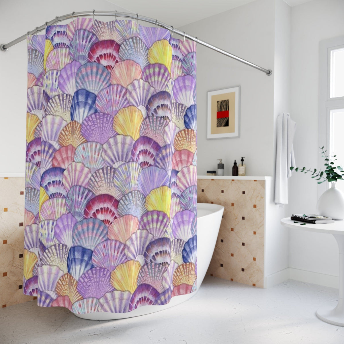Printify Seashell Watercolor Shower Curtain – Pastel Mermaid Beach Bathroom Decor 71" × 74" 27923626271903472560