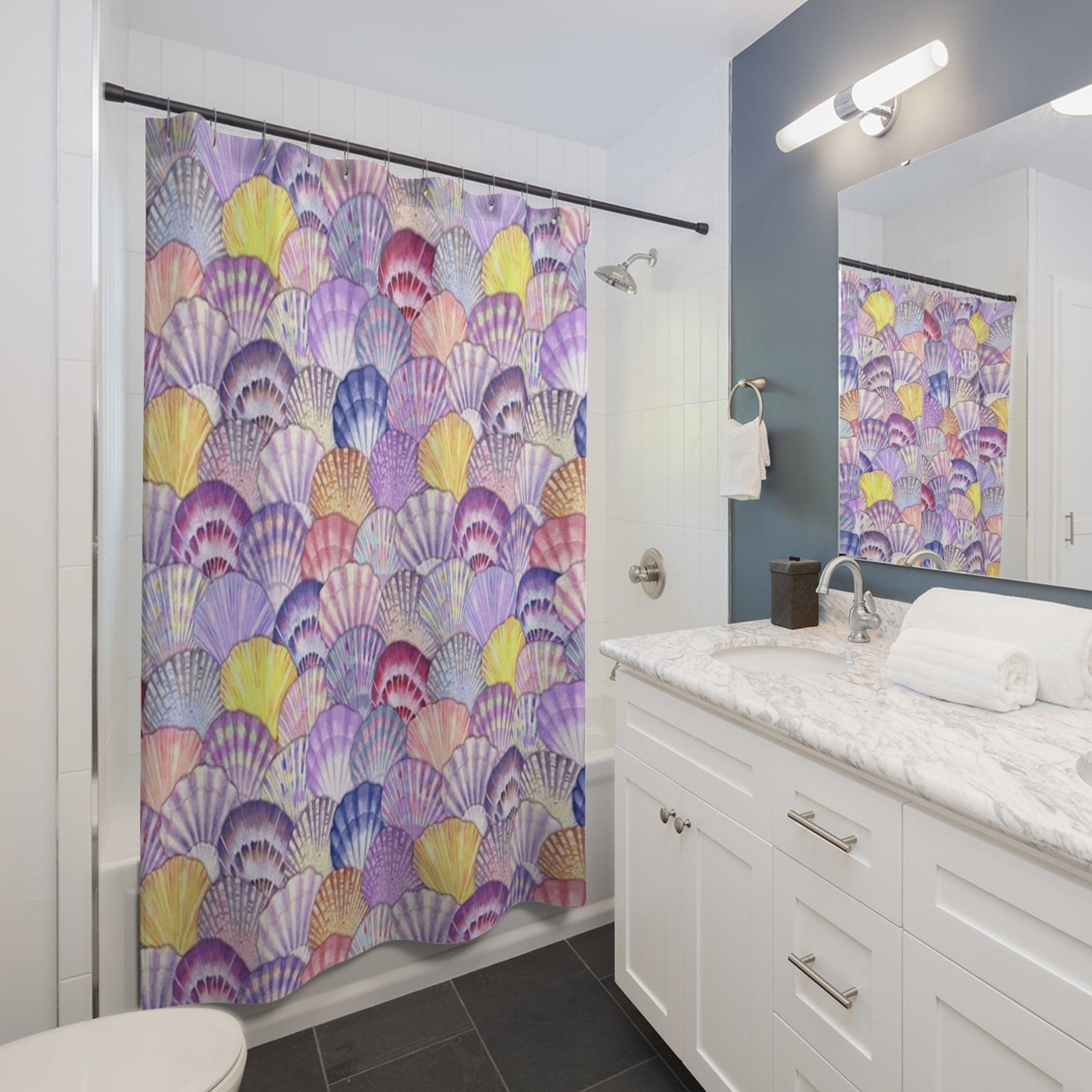 Printify Seashell Watercolor Shower Curtain – Pastel Mermaid Beach Bathroom Decor 71" × 74" 27923626271903472560