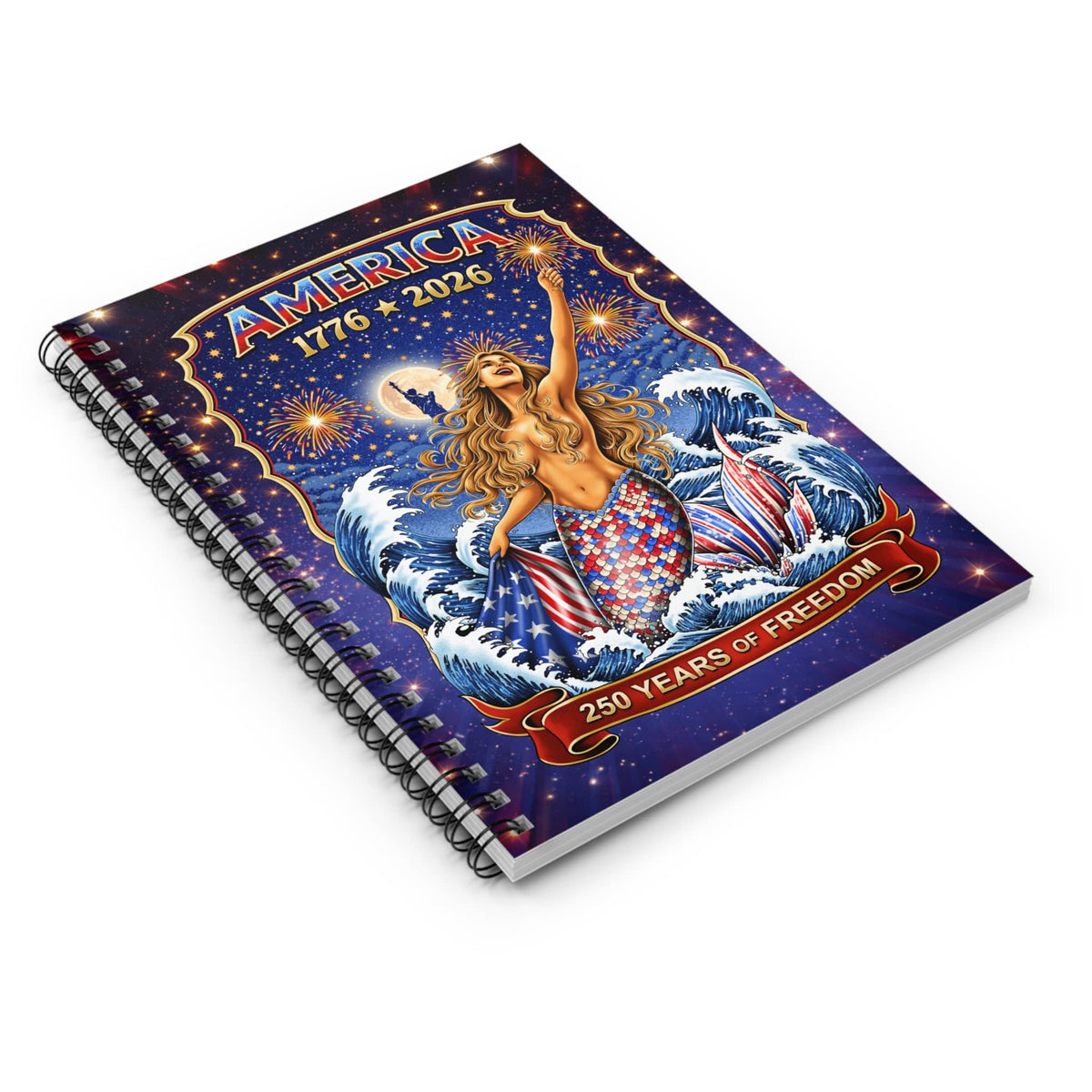 Printify Star Spangled Mermaid 250 Years Spiral Notebook One Size 58465498005837291032