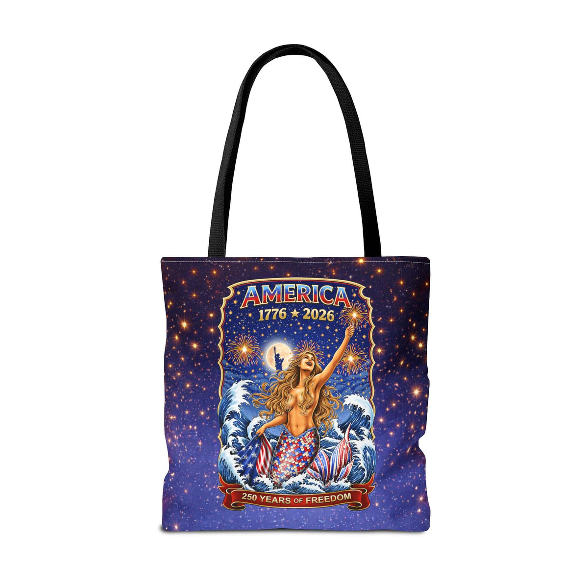 Printify Star Spangled Mermaid 250 Years Tote Bag 18" × 18'' / Black 24483326924608418423