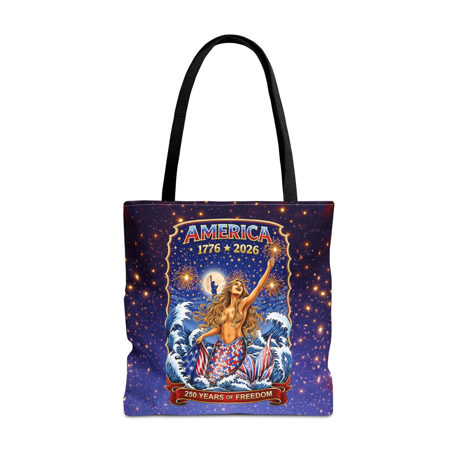 Printify Star Spangled Mermaid 250 Years Tote Bag 18" × 18'' / Black 24483326924608418423