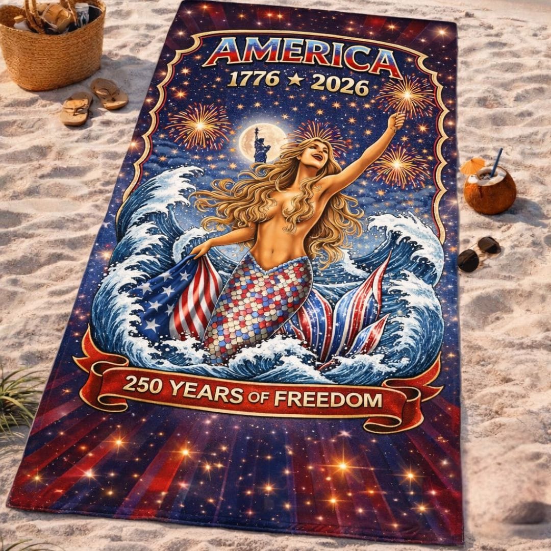 Printify Star Spangled Mermaid America 250 Beach Towel 30" × 60" 23477642071174344070