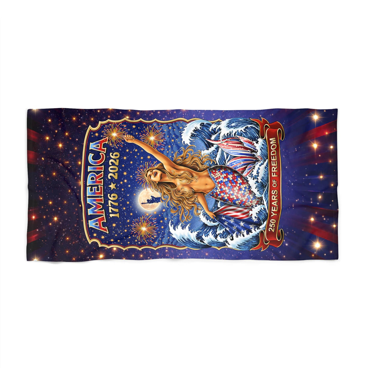 Printify Star Spangled Mermaid America 250 Beach Towel 30" × 60" 23477642071174344070