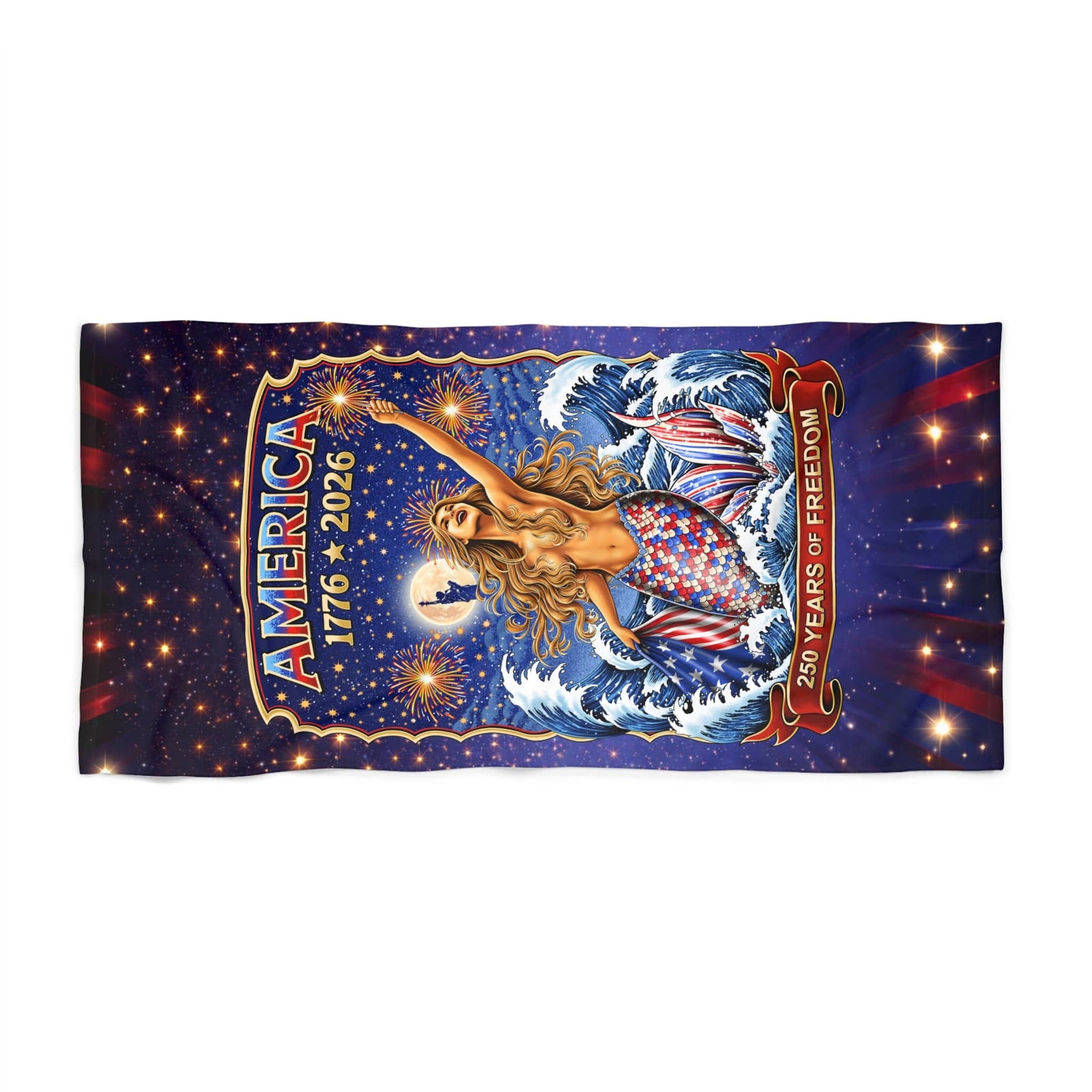 Printify Star Spangled Mermaid America 250 Beach Towel 30" × 60" 23477642071174344070