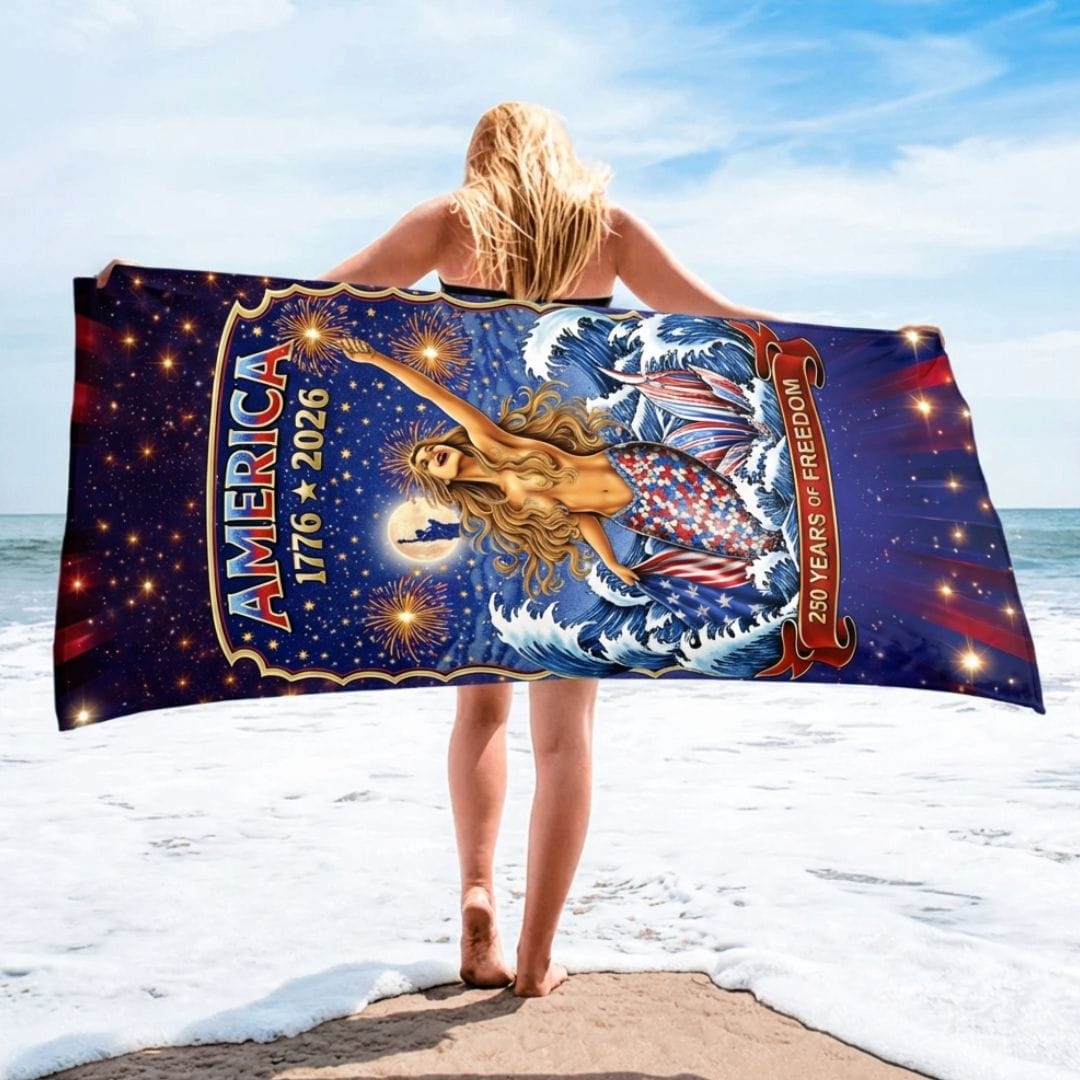 Printify Star Spangled Mermaid America 250 Beach Towel 30" × 60" 23477642071174344070