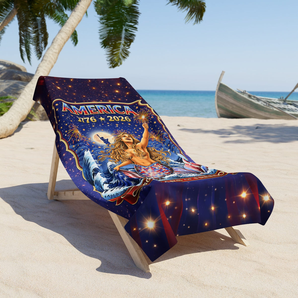 Printify Star Spangled Mermaid America 250 Beach Towel 36" × 72" 34717865545834812743