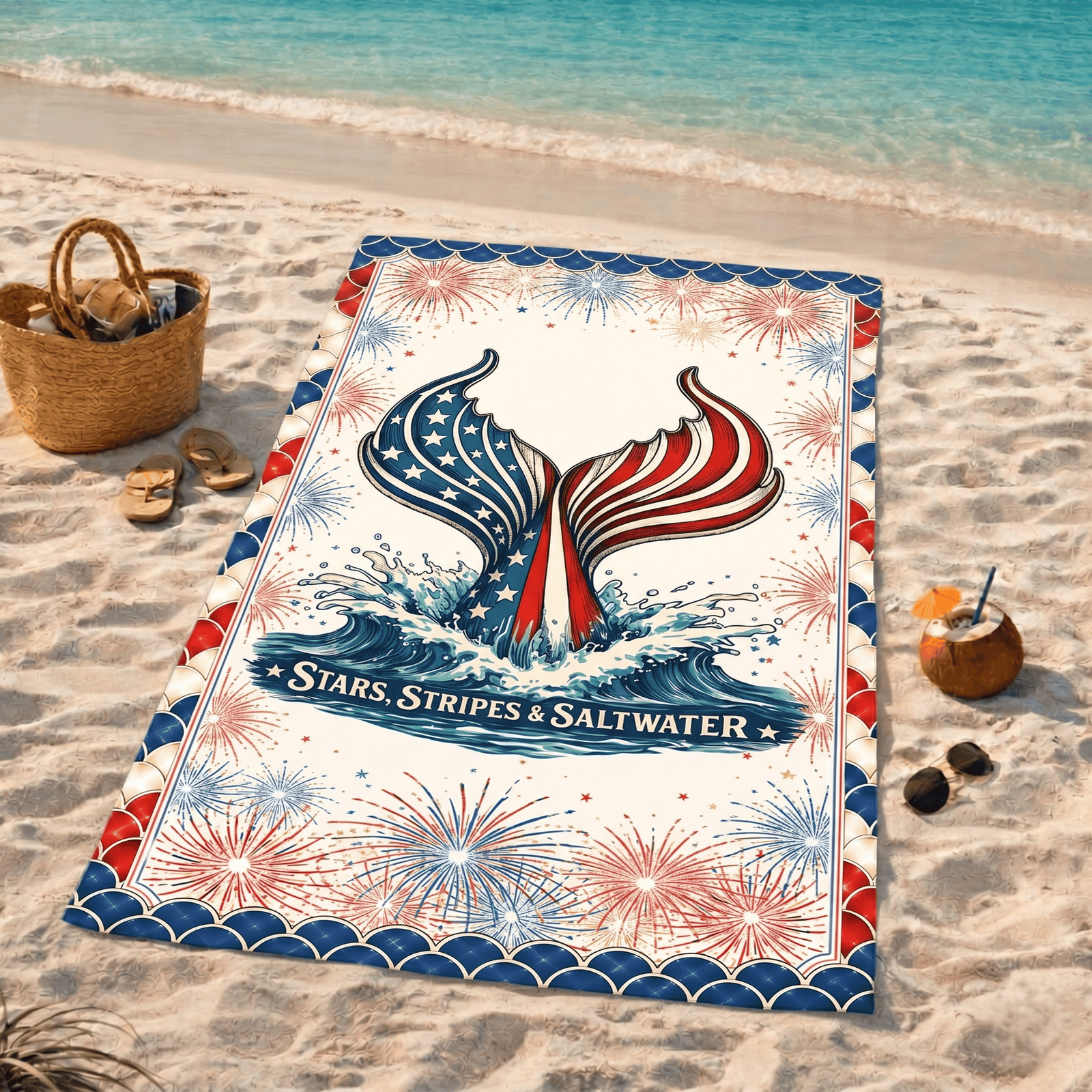 Printify Stars, Stripes & Saltwater Beach Towel 36" × 72" 19079815070910727983