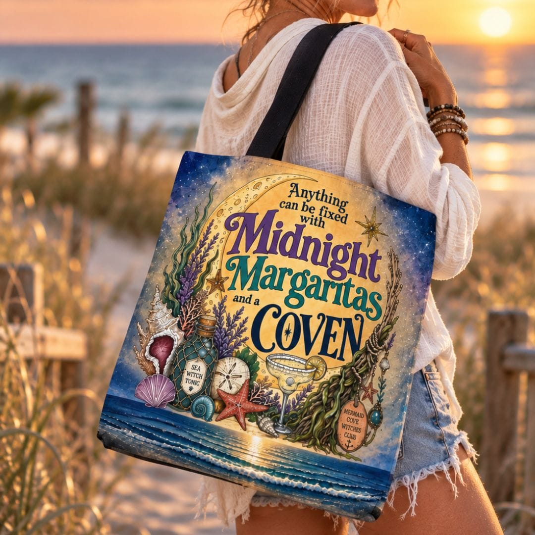 Printify The Mermaid Coven Tote Bag (Moonlit Ocean) 18" × 18'' / Black 33371573715353262070