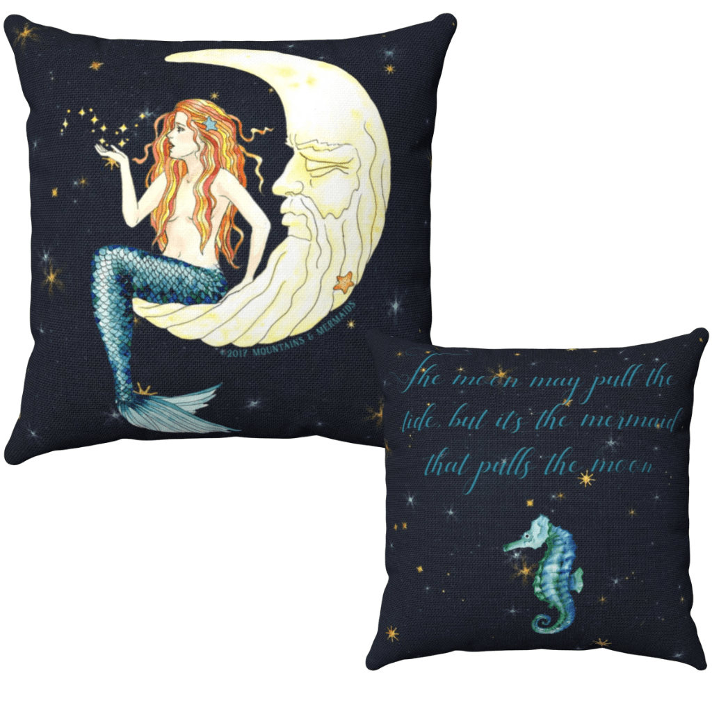 Mermaid In The Moon Square Pillow - Mountains & Mermaids